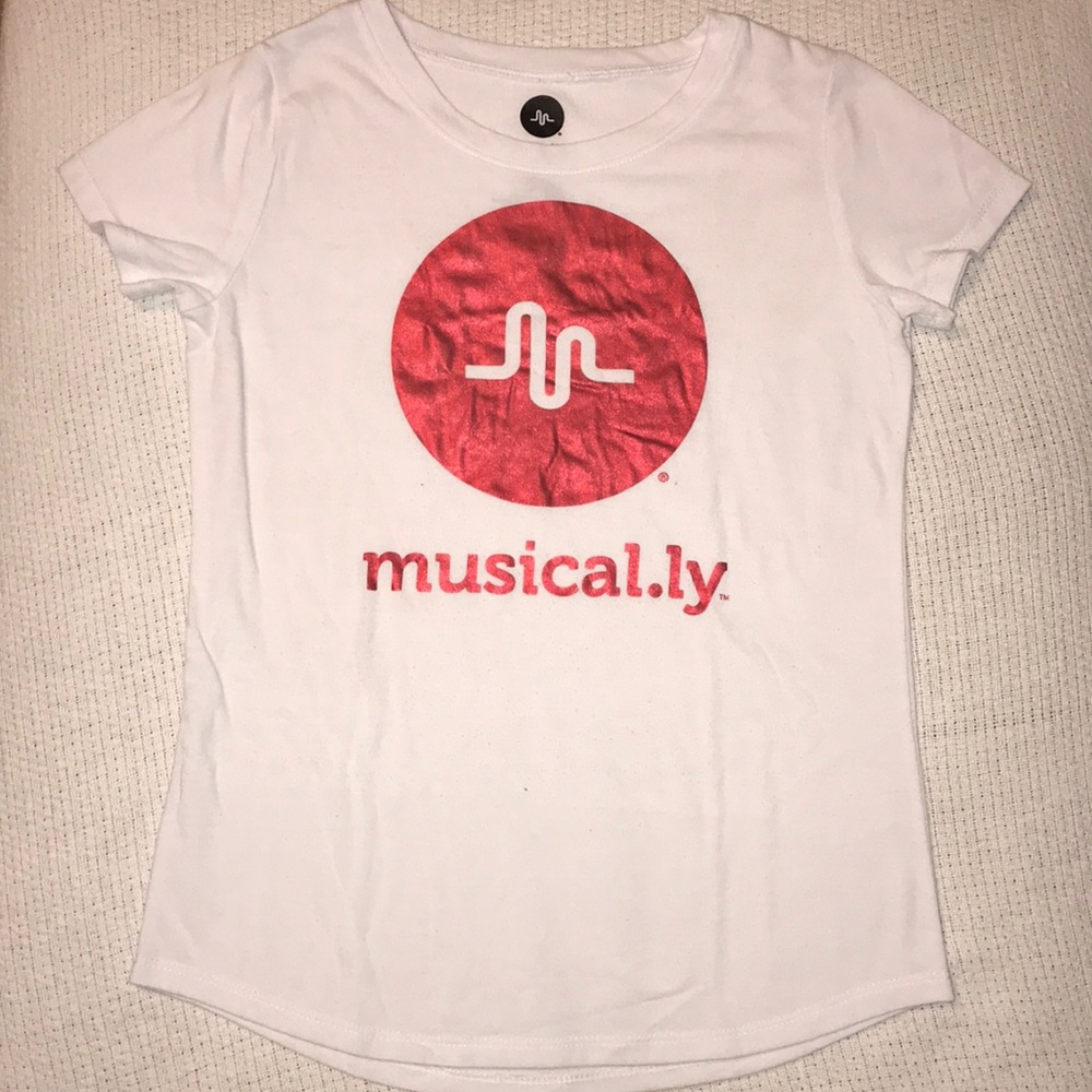 Metallic red and white Musical.ly shirt.